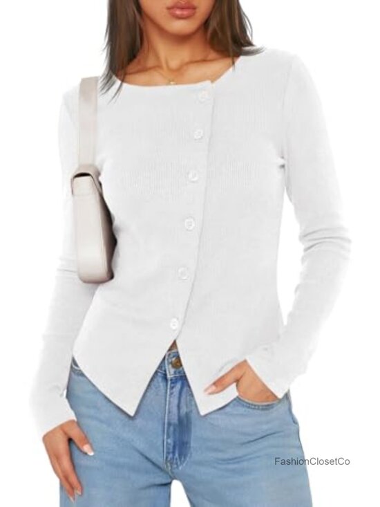 Tops - Women's Long Sleeve Asymmetrical Ribbed Button Down Shirt